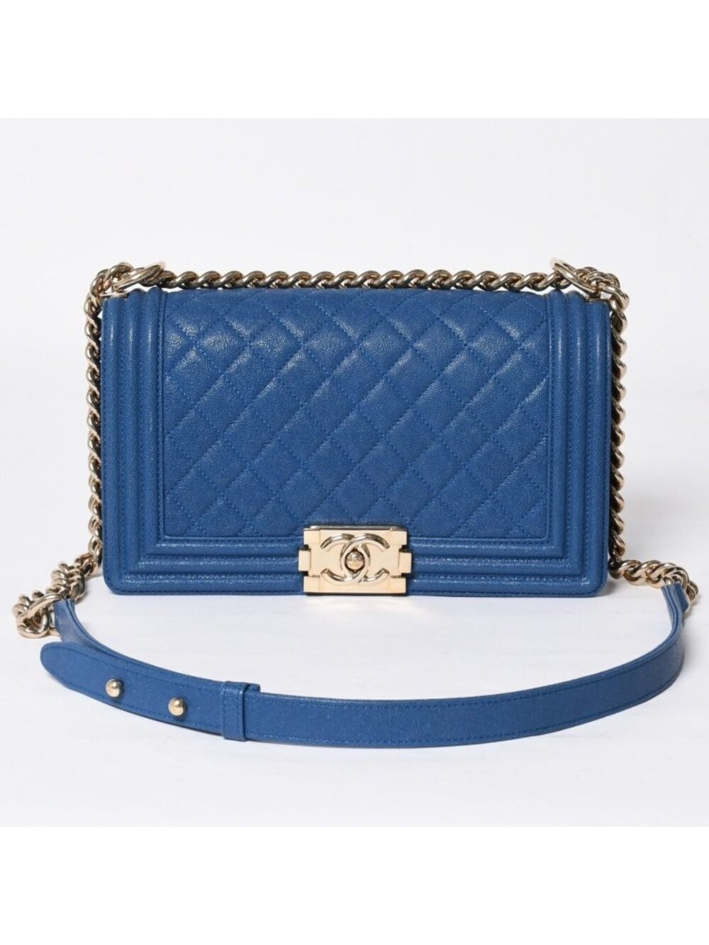 Chanel Boy 25 Chain Shoulder Bag CC Logo Caviar Leather Blue